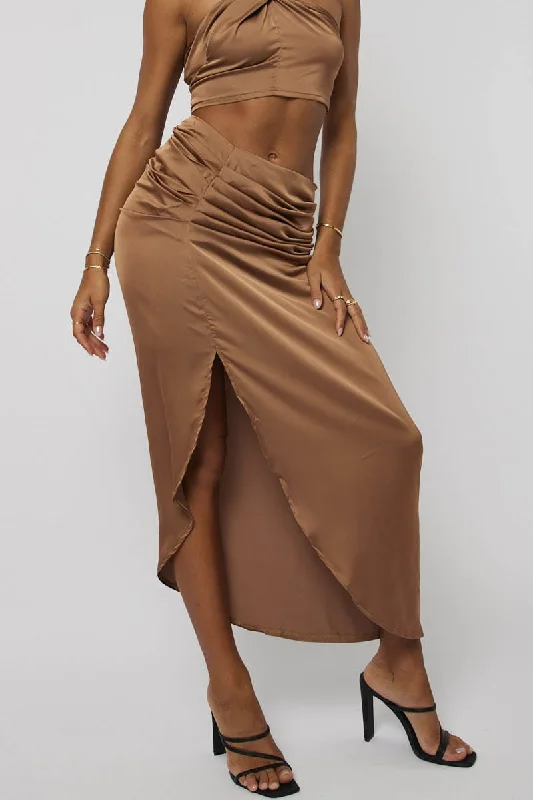 Discount Extravaganza Brown Ruched Maxi Skirt Draped Satin Skirt