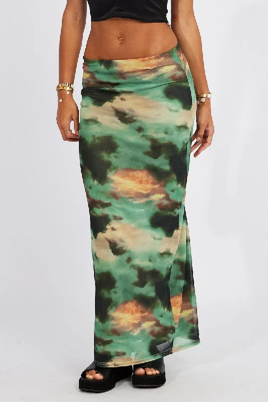 Vintage Inspired Fashion Sale Green Abstract Maxi Skirt High Rise Mesh