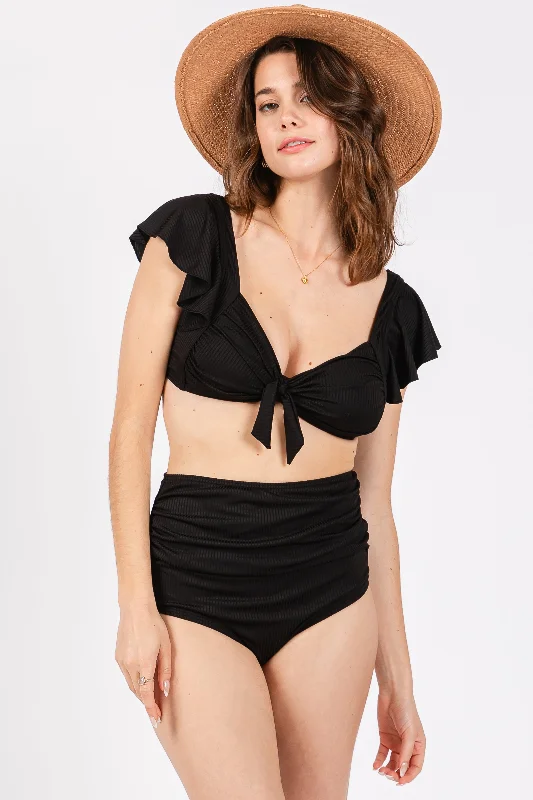 Crazy Discounts, Hurry Up Black Ribbed Ruffle Shoulder Front Tie High Waist Two-Piece Swimsuit Crazy Discounts, Hurry Up Black Ribbed Ruffle Shoulder Front Tie High Waist Two-Piece Swimsuit
