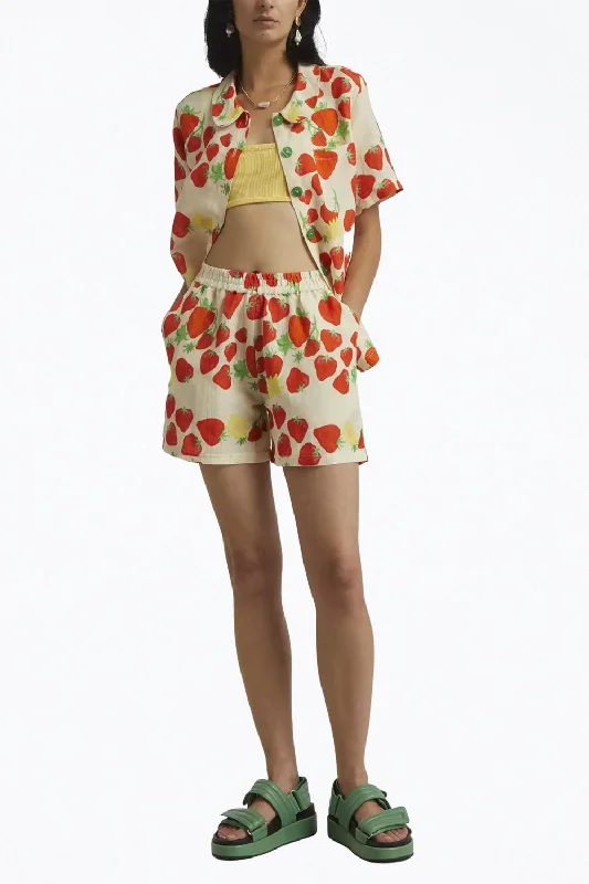 Your Timeless Wardrobe Awaits Strawberry-Print Linen-Blend Shorts In Beige