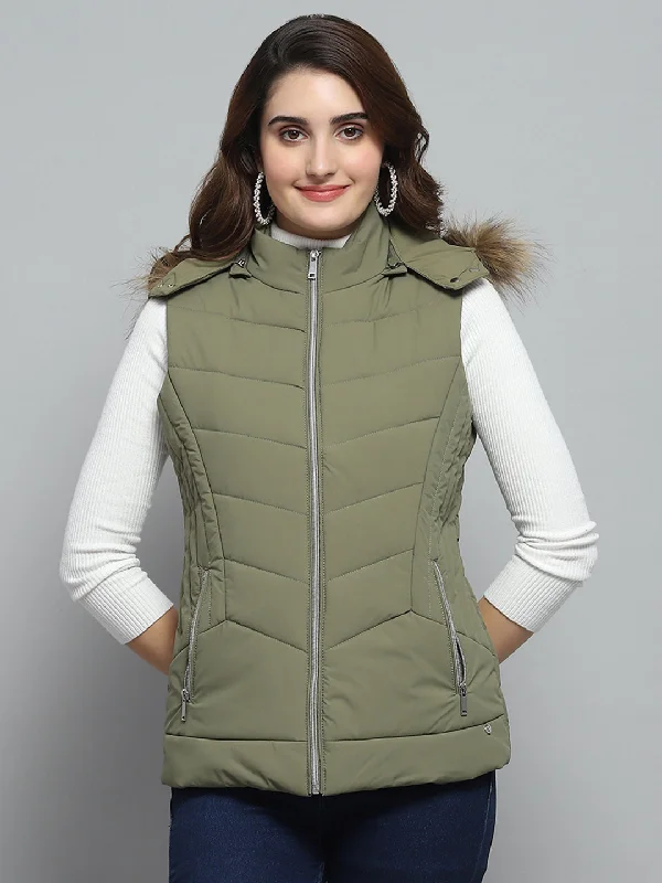 Ends Soon Women Green Solid Detachable Hood Sleeveless Jacket