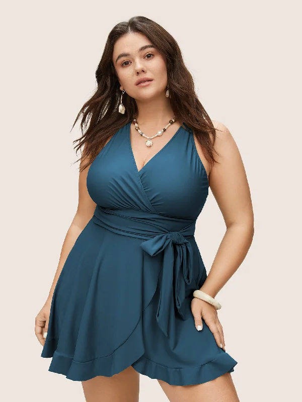 Casual Chic Plain Ties Wrap Flutters Swim Dress