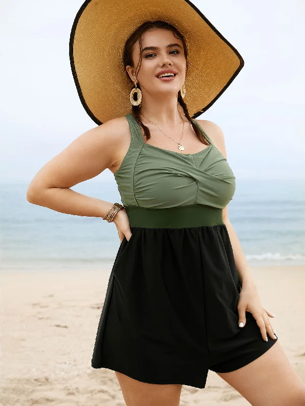 Dreamy Draping Patchwork Contrast Crossover One Piece Swimsuit