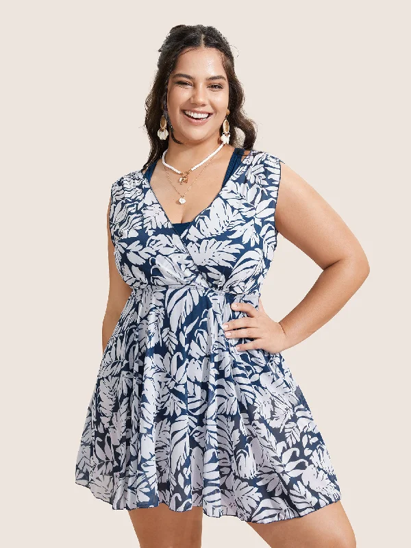 Ends Soon Tropical Print V Neck Sleeveless Swim Dress