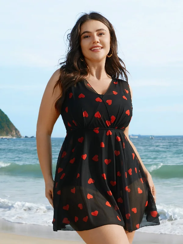 Evening Elegance Sheer Hearts Mesh Wrap Neck Swim Dress