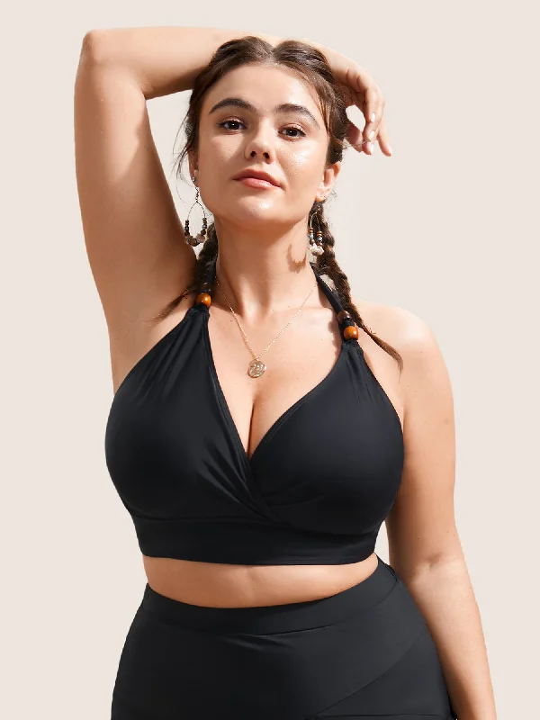 Explore What's New Plain V Neck High Stretch Tie Knot Swim Top