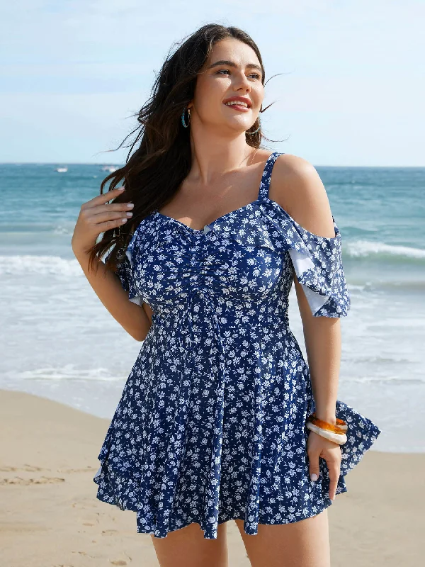 Fashion Forward Femininity Off-Shoulder Ruched Drawstring Swim Dress