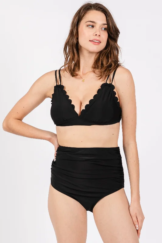 Seasonal Clearance Black Scalloped V-Neck High Waist Two-Piece Swimsuit
