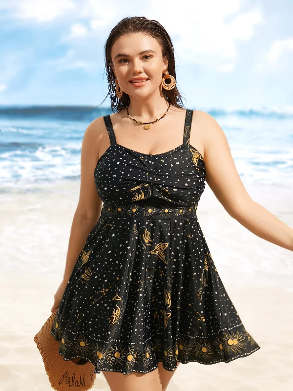 Casual Chic Clothing Star & Sun Print Heart Neckline Crossover Swim Dress
