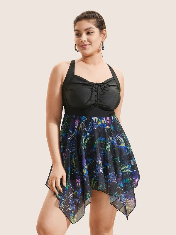 Trendy Styles Tropical Ruched Ties Hanky Hem Crisscross Swim Dress
