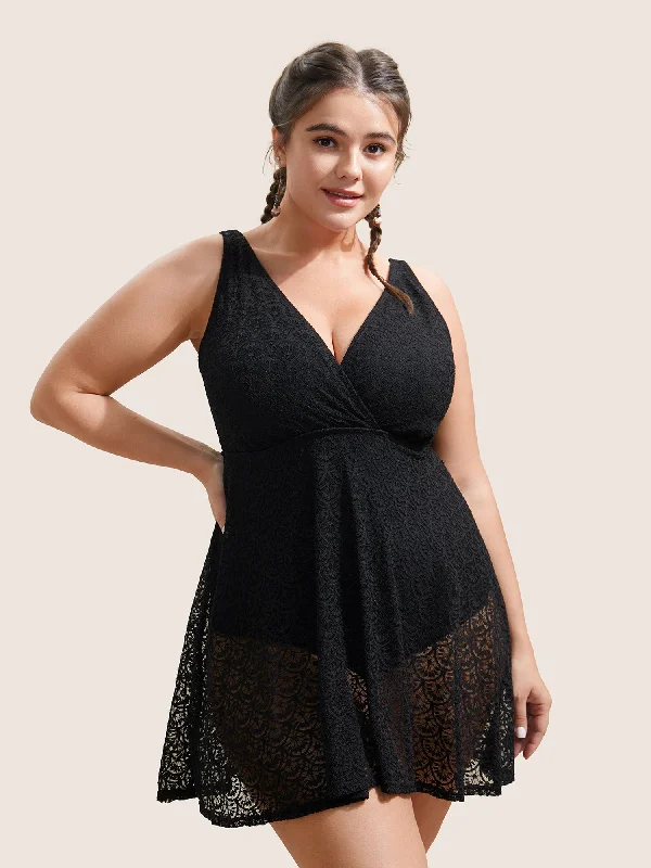 Urban Femme Streetwear Solid Crochet Lace Mesh Adjustable Straps Swim Dress