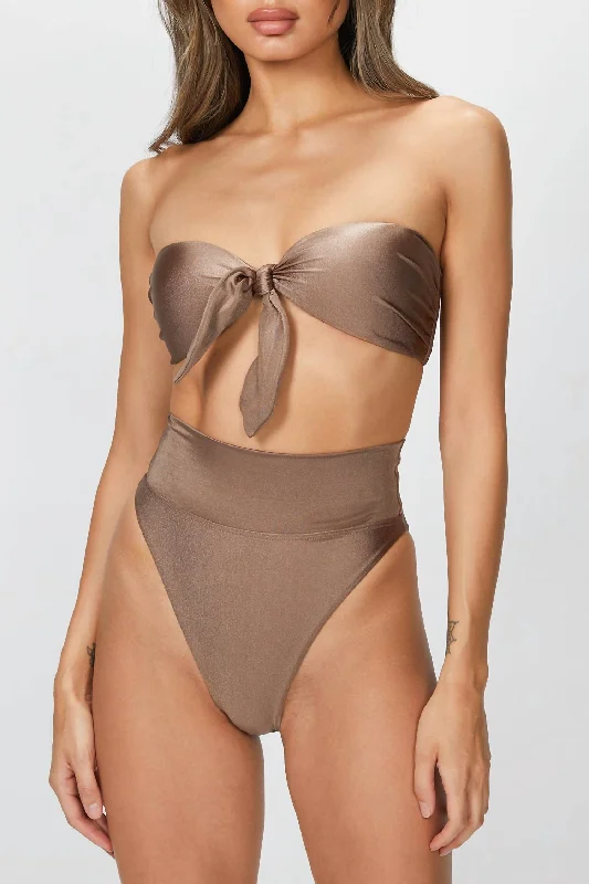 Unleash Your Trend Driven Style Solid High-Leg Strapless Bikini Set In Nut Brown