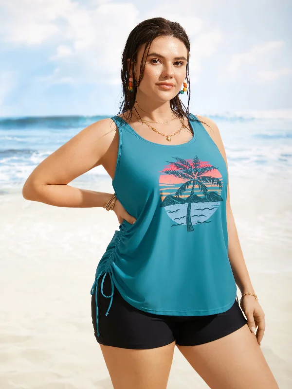 Flowy Fabric Crew Neck Contrast Tropical Print Drawstring Swim Top