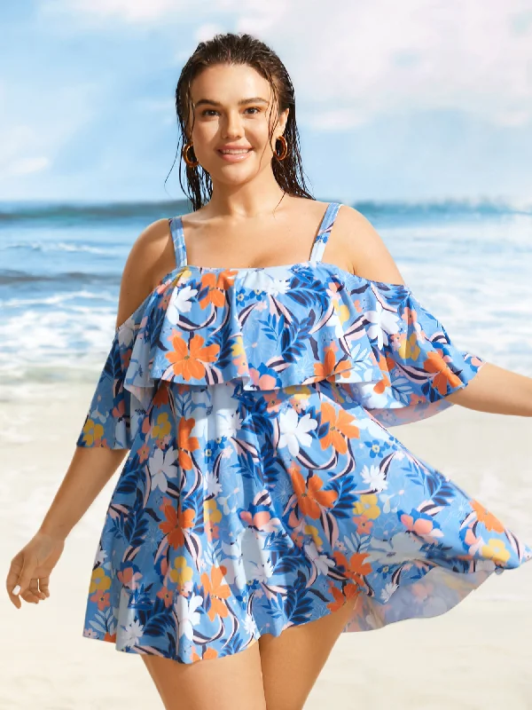 Seasonal Trend Tropical Adjustable Straps Cold Shoulder Ruffles Trim Swim Dress