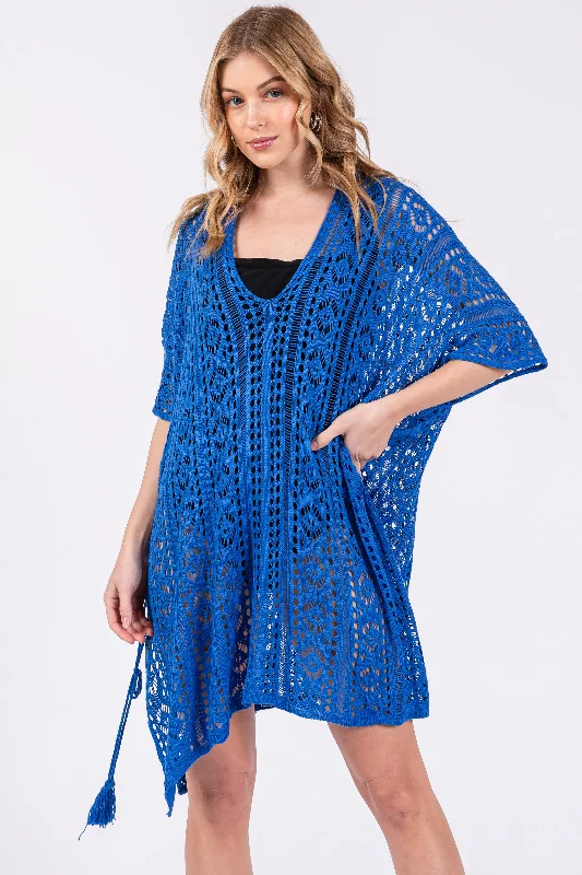 Redefining Women's Fashion Royal Blue Crochet Knit Swim Cover Up