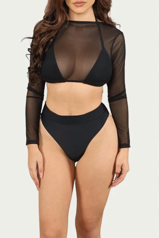 Huge Discounts This Week Mesh Three-Piece Bikini Set In Black