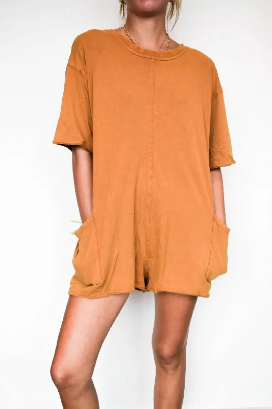 Quality Wear Open Back Vintage Wash Romper In Camel