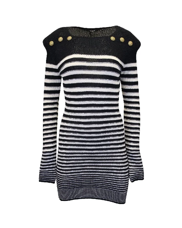 Seasonal Fashion Balmain Sailor Style Knitted Striped Dress in Navy Blue Polyamide