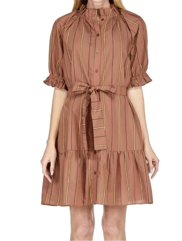 Big Savings On Rustic Countryside Styles Button Front Flounce Dress In Brown Stripe