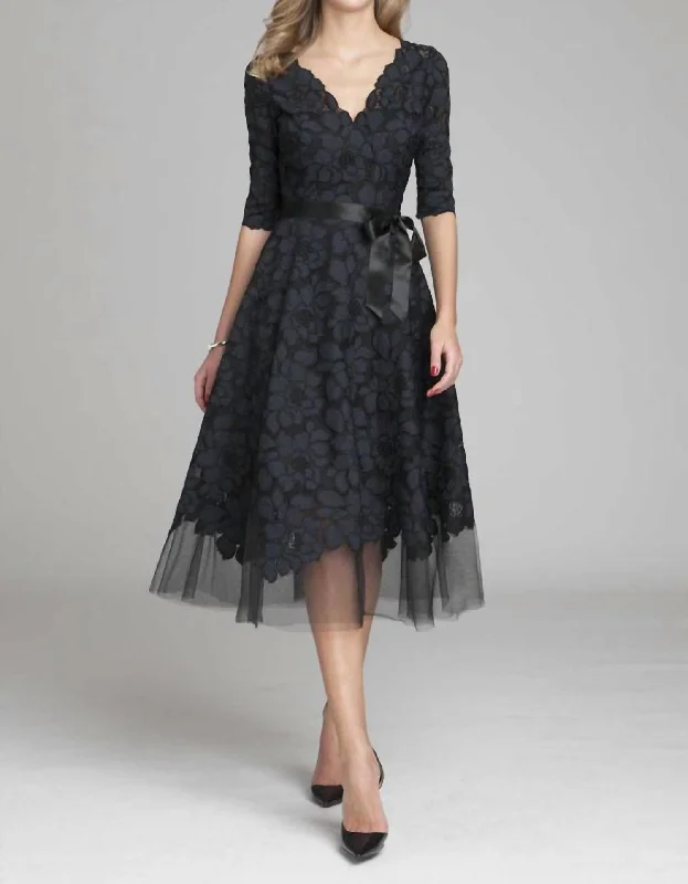 Elegant Simplicity Wardrobe 3/4 Sleeve Lace And Tulle Fit And Flare Dress In Navy