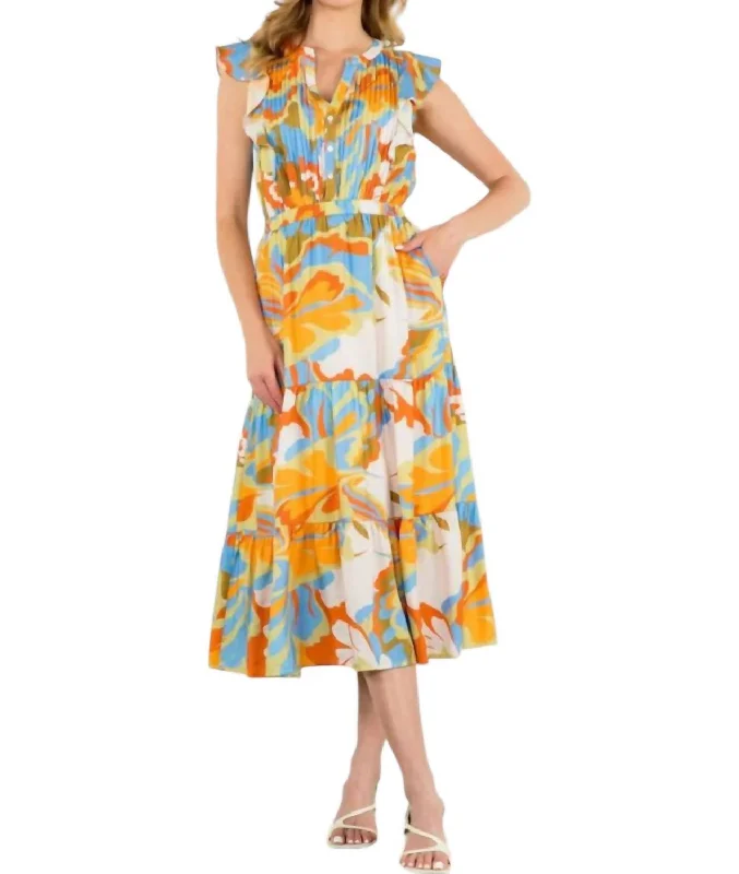 Women's Comfortable Garments Flutter Sleeve Tiered Dress In Multi Color
