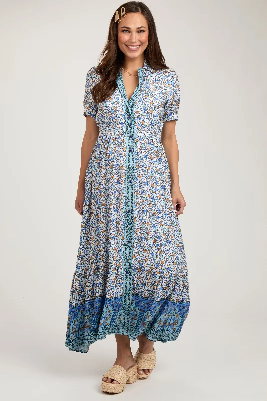 All Season Fashion Collection Blue Floral Button Up Maternity Midi Dress