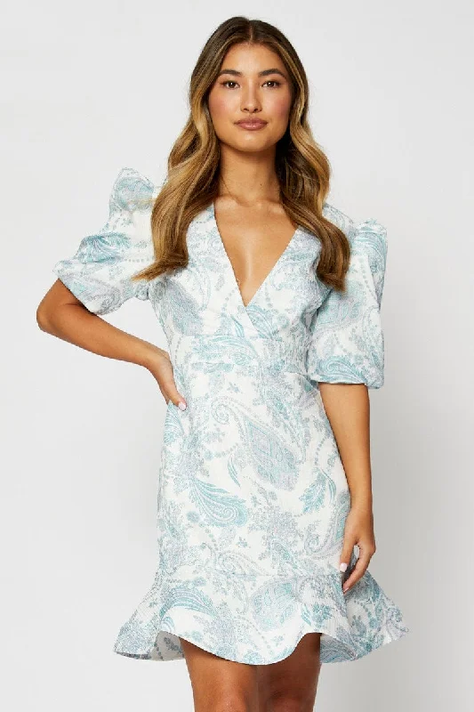 Premium Style Print Mini Dress V Neck