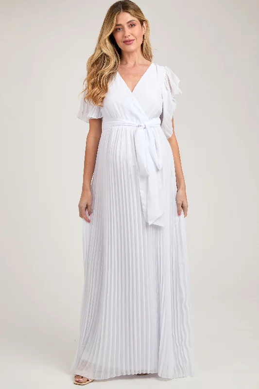 Crazy Discounts, Hurry Up White Chiffon Wrap Front V-Neck Short Sleeve Pleated Maternity Maxi Dress